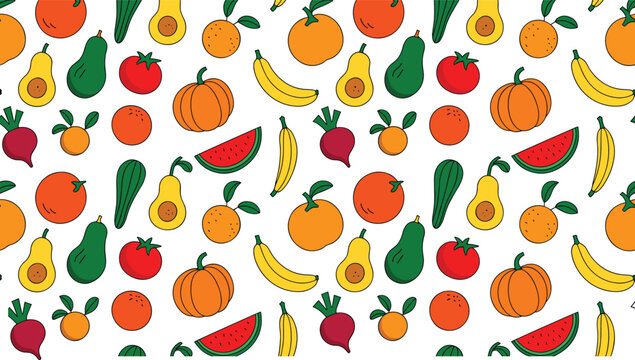 Seamless fruit and vegetable vector pattern illustration background with colorful organic food icons doodle cartoon design elements