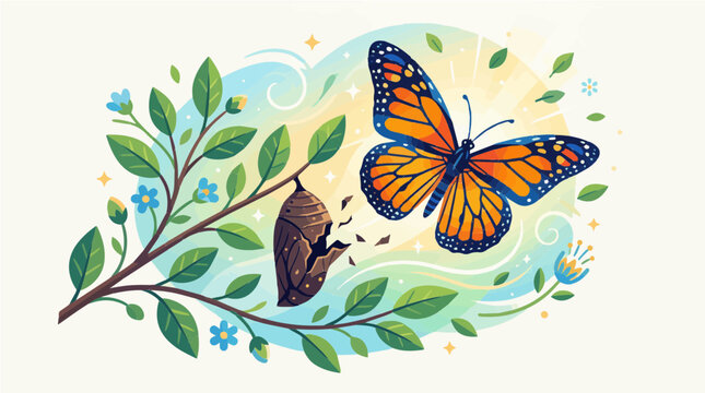 Vector illustration of a monarch butterfly emerging from a cocoon on a flowering branch, symbolizing transformation, metamorphosis, and new beginnings in nature.