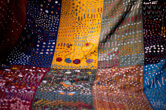Beautiful weavings in an old house in the town of Ollantaytambo, Peru.