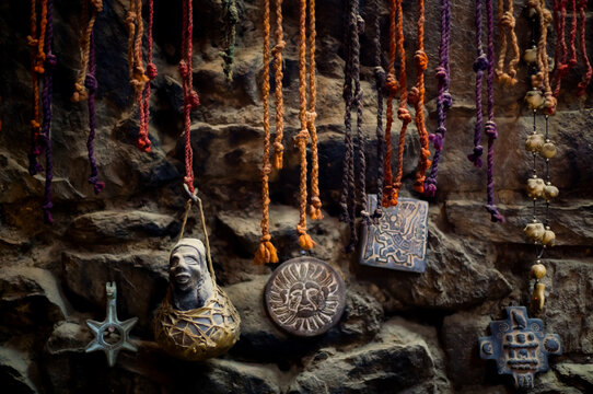Necklace charms in an old house in the town of Ollantaytambo, Peru.