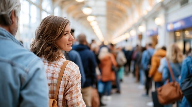 A smiling woman glances back in a bustling queue, perfectly capturing a moment of positivity amidst a crowd, showcasing her confidence and connection to those around her.