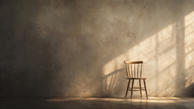 Minimal Interior Background with Wooden Chair, Textured Wall and Dramatic Window Light