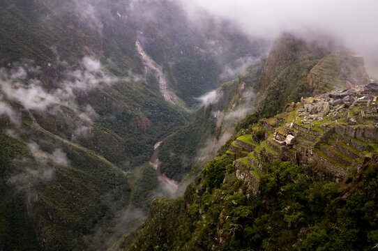 A view of the ruins of Machu Picchu in the Andes mountains of Peru, South America.