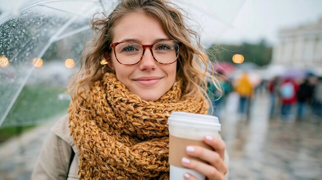 A young woman with glasses and a cozy scarf holds a coffee cup under an umbrella, embracing the charm of a rainy day while smiling at the camera with warmth.