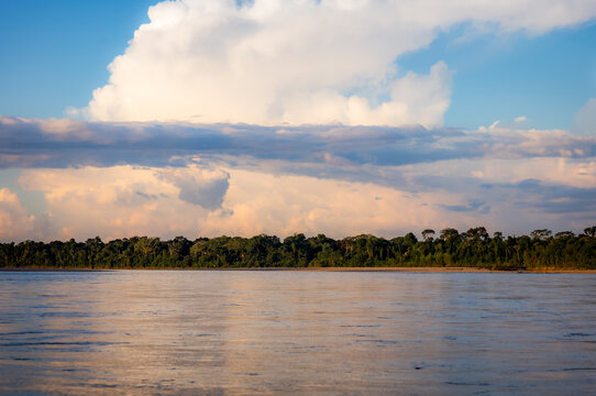 sunset over Amazon river in the jungle of Peru