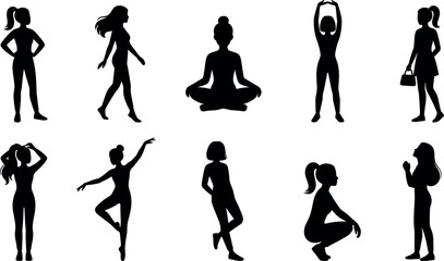 Woman black silhouette vector set featuring diverse female figures in yoga lotus meditation fitness stretching walking dancing and active lifestyle poses. © Donal! 