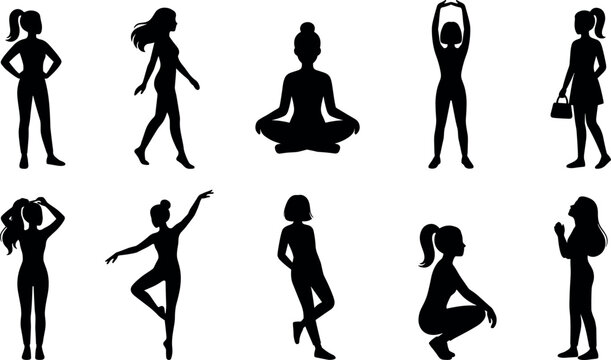 Woman black silhouette vector set featuring diverse female figures in yoga lotus meditation fitness stretching walking dancing and active lifestyle poses.