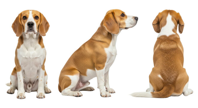 Three views of a Beagle dog isolated on transparent background.
