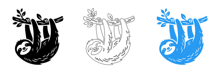 Fototapeta premium Sloth hanging from tree branch illustrations in three color variations