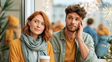 Naklejka premium A charming scene showing a young couple in a cozy café, portraying emotions of connection, reflection, and love during a golden holiday season feeling.