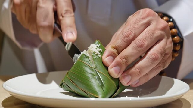 Chef hands slicing a traditional green leaf wrapped rice dumpling on a white plate close up