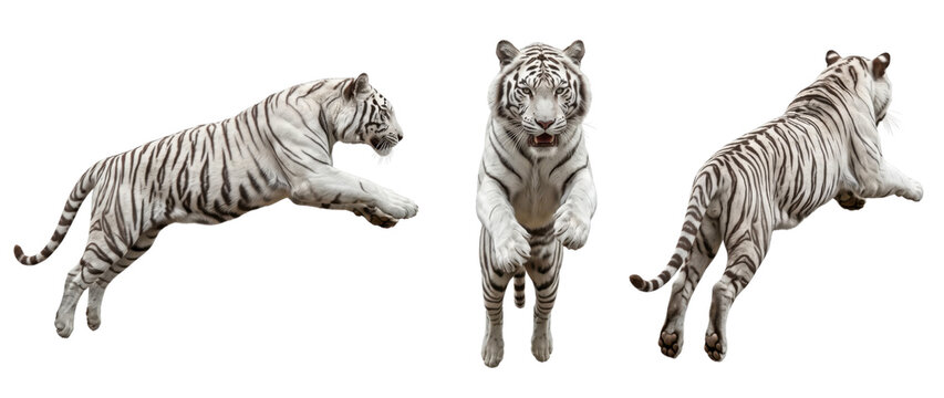Jumping white tiger from three angles isolated on transparent background.