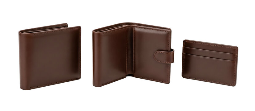 Set of three brown leather wallets isolated on transparent background.
