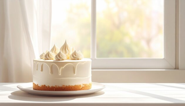 Elegant white cake with cream swirls on plate by sunlit window, soft shadows and curtains in background