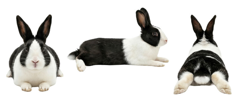 Three views of a black and white piebald rabbit isolated on transparent background.