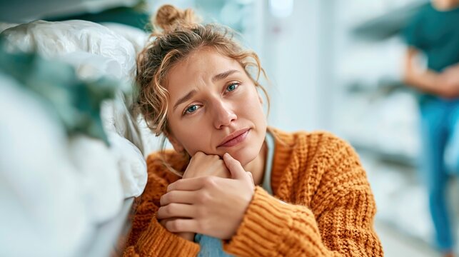 A pensive woman sits on the floor of a storage area, her expression revealing her emotional state amidst a backdrop of unorganized piles of items.