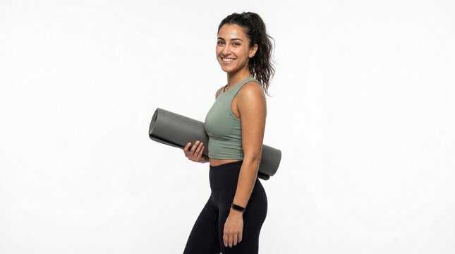 Woman holding yoga mat smiling at camera fitness lifestyle and wellness concept