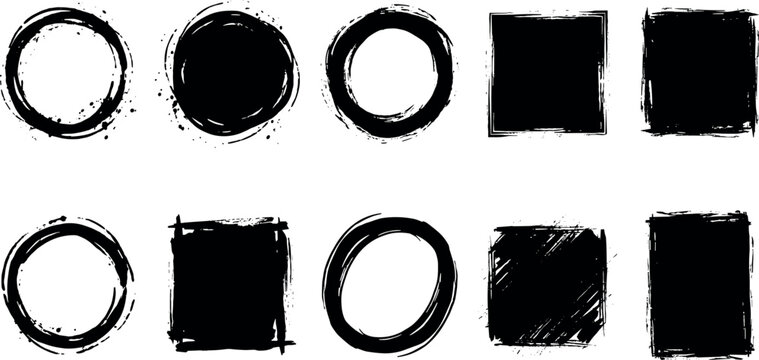Grunge paint brush strokes vector illustration set featuring black ink splatters circles rings squares rectangles distressed frames borders and textured banner shapes.