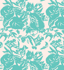 Fototapeta premium Tropical summer flower seamless pattern illustration. Hand drawn hibiscus floral background print. Spring season texture wallpaper, watercolor jungle plant leaf artworks.