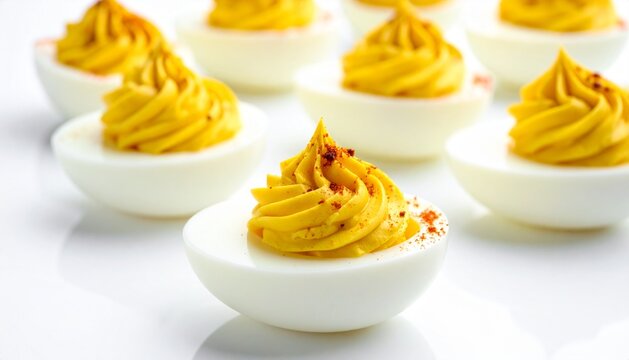 Close-up of classic deviled eggs with piped yolk filling and paprika topping on a white background