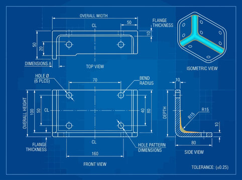 Technical blueprint drawing of a mechanical bracket with dimensions and multiple views. EPS Editable