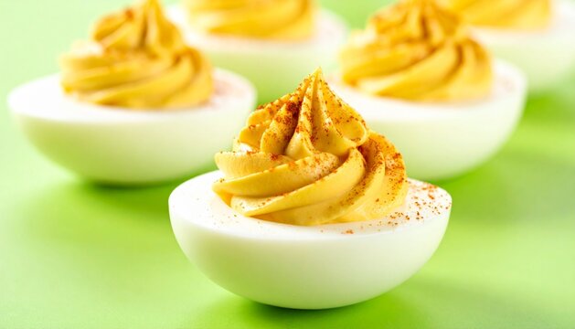 Close-up of fresh deviled eggs with paprika garnish on a green background