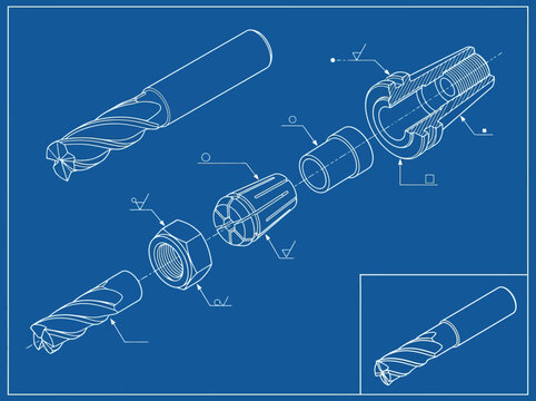 Technical blueprint of CNC milling cutter and collet assembly. EPS Editable