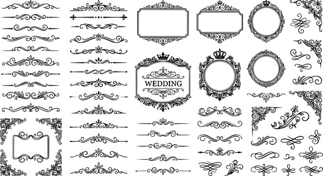 Calligraphic dividers. Decorative retro page divider borders, wedding calligraphic frame and ornamental swirls floral frames. Elegant royal ornamentation vintage vector isolated icons set