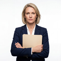 Naklejka premium Businesswoman holding folder with arms crossed in professional pose for corporate leadership and workplace authority concepts