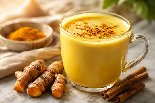 Creamy golden turmeric latte in glass mug with cinnamon dusting, fresh turmeric root beside it on marble surface, warm morning wellness beverage photography