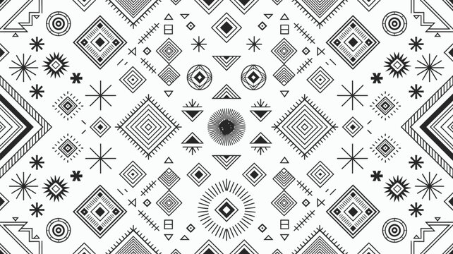 Geometric ethnic tribal pattern background with black and white symmetrical aztec navajo native american ornaments bohemian line art vector illustration.