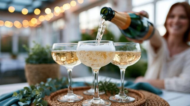A joyful gathering where champagne is poured into elegant glasses, perfect for celebrating special moments with friends and loved ones in a cozy ambiance.
