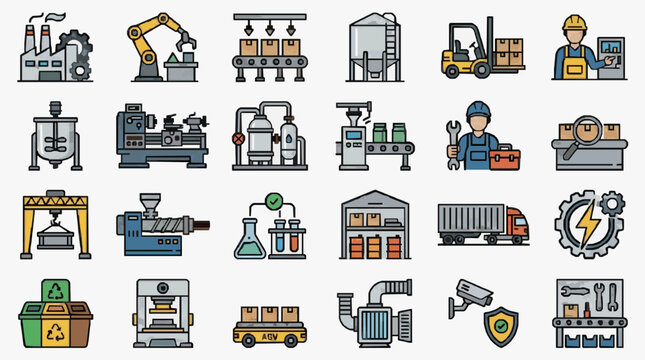 Industrial Workforce and Machinery Icons.