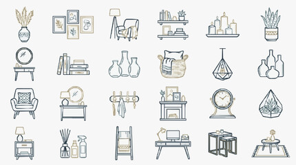 Interior Decor Elements Line Drawing Collection. © Ki