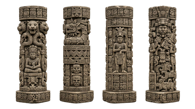 Four intricate ancient mesoamerican carved stone statues arranged in a horizontal line isolated on transparent background.