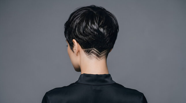 Modern Woman with Undercut Hairstyle Showcasing Intricate Geometric Design on Neck