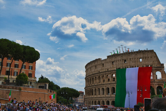 2 June republic day Airshow Over The Colosseum With Tricolor Smoke and Giant Italian Flag in Rome