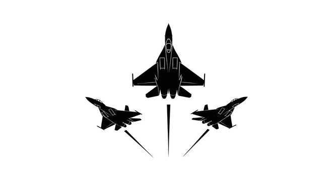 Three fighter jets in formation black silhouette against a white background