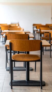 A classroom with rows of wooden desks and chairs