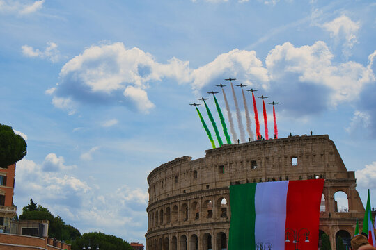 2 June republic day Airshow Over The Colosseum With Tricolor Smoke and Giant Italian Flag in Rome