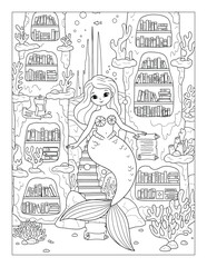 Fototapeta premium Mermaid sitting inside an underwater library filled with bookshelves and scrolls in a charming coloring page