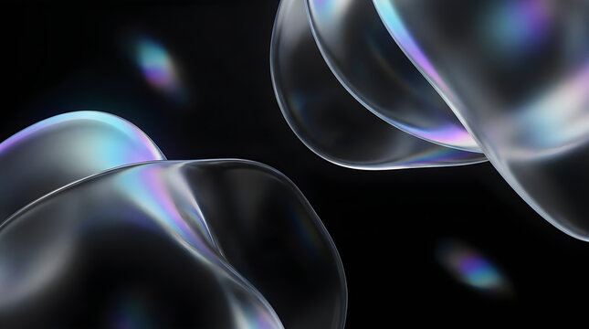 Iridescent bubbles floating in midair on a dark background with rainbow colors