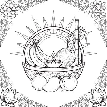 Traditional Chhath Puja soop and fruits line illustration