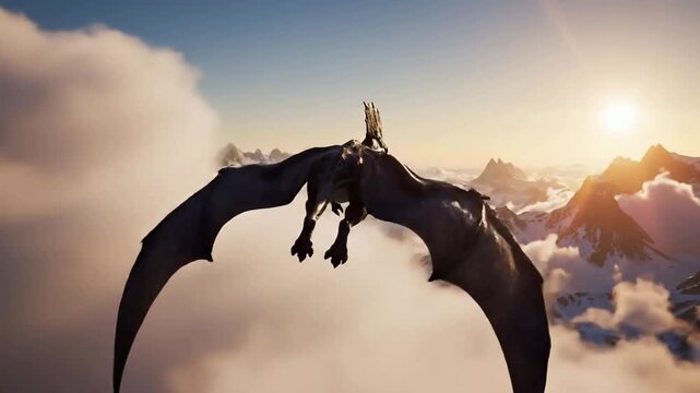 Pterodactyl flying over snowy mountain peaks at sunset cinematic prehistoric wildlife aerial view dinosaur