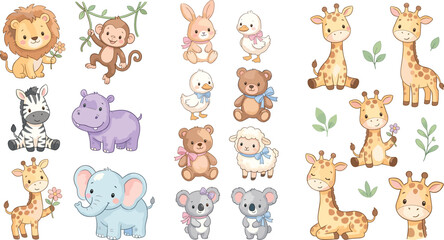 Fototapeta premium Cute watercolor style baby jungle animals collection isolated on white background for nursery room decor infant clothing and children birthday card design