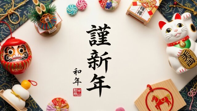 Top view flat lay of Japanese New Year celebration decorations with traditional ornaments and calligraphy