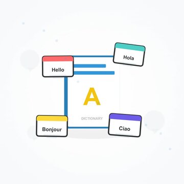 Multilingual language translation software animation showing global greetings and dictionary search concepts