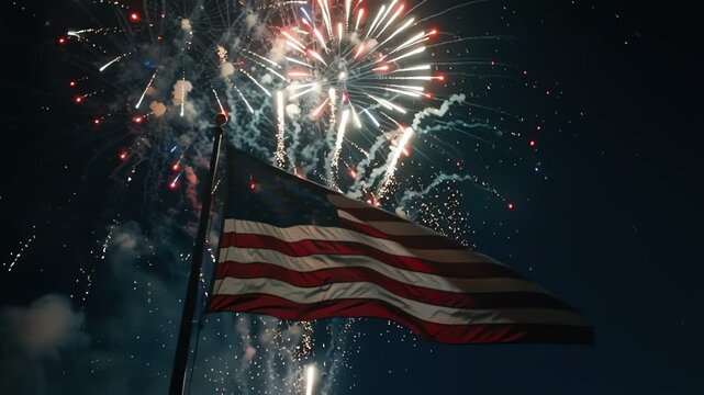 Usa flag waving proudly during a festive fireworks display honoring 250 years of freedom and liberty