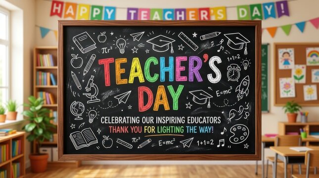 Teachers day chalkboard sign in classroom setting