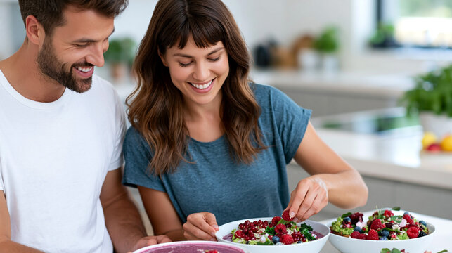 Happy couple preparing healthy berry breakfast bowls together in modern kitchen promoting wellness and balanced lifestyle